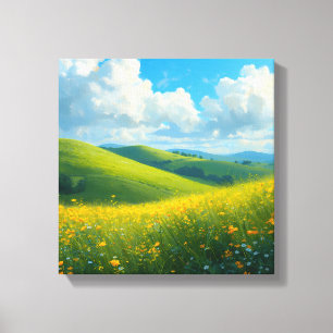 Toile Paysage de collines vertes vibrantes et de fleurs