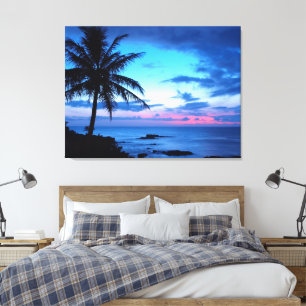 Toile Paysage de coucher de soleil rose bleu d'île tropi