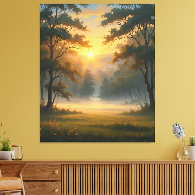 Toile Paysage de la forêt de Sunset Mountain avec deux a (Insitu(Salon))