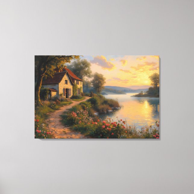 Toile Paysage de lever de soleil à la ferme rustique (Recto)