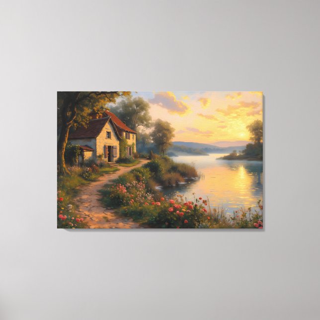 Toile Paysage de lever de soleil à la ferme rustique (Recto)