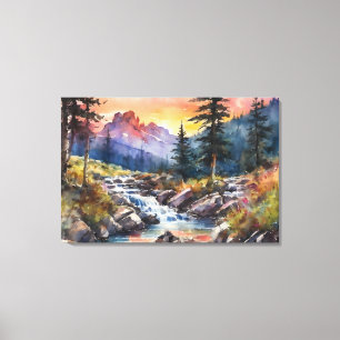 Toile Paysage de montagne avec cascade au coucher du sol