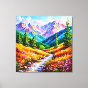 Toile Paysage de montagne vibrant avec ruisseau et fleur