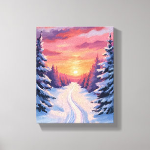 Toile Paysage de pins hivernal au coucher du soleil Aq