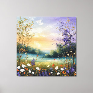 Toile Paysage d'été avec fleurs sauvages et arbres