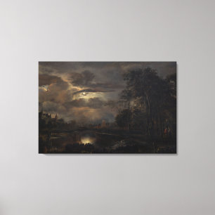 Toile Paysage éclairé par la lune avec le pont