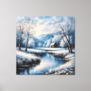 Toile Paysage hivernal panoramique avec cabane et ruisse