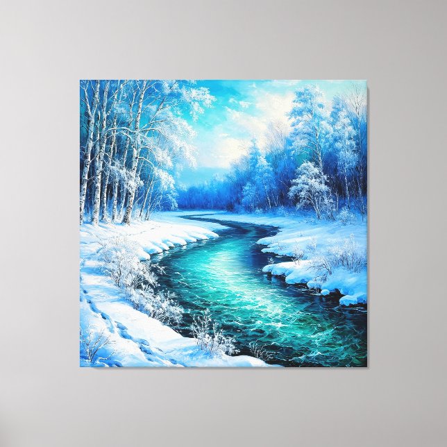Toile Paysage hivernal tranquille avec une rivière gelée (Recto)