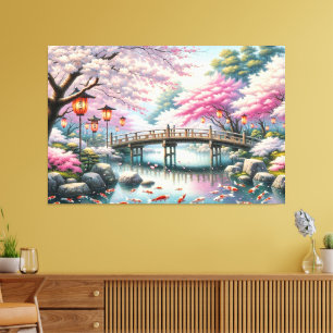 Toile Paysage japonais avec Pont, Koi et Sakura