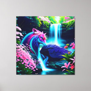Toile Paysage magique Cascade et fleurs deux