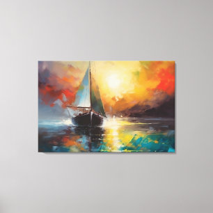 Toile Paysage marin avec voilier solitaire au coucher du