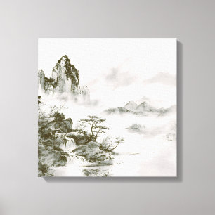 Toile Paysage minimaliste de montagne zen à l'encre brum