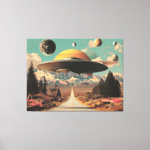 Toile Paysage surréaliste avec route, OVNI et Saturne 
