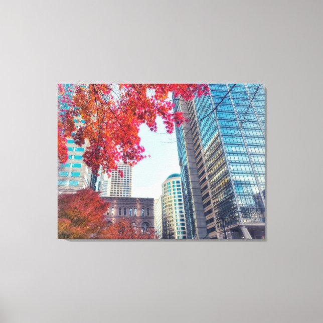 Toile Paysage urbain automnal avec feuilles d'érable rou (Recto)