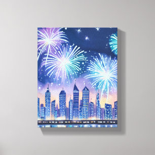 Toile Paysage urbain de feu d'artifice Aquarelle numér
