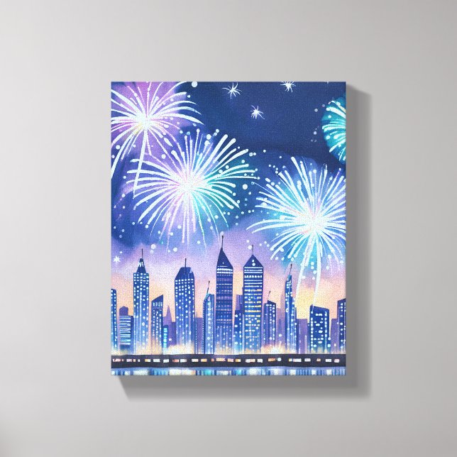 Toile Paysage urbain de feu d'artifice | Aquarelle numér (Recto)