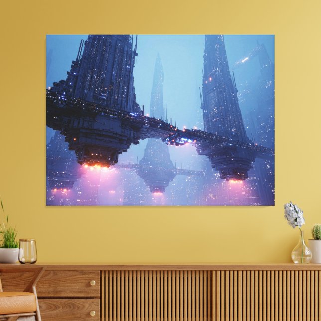 Toile Paysage urbain futuriste avec des structures flott (Insitu(Salon))