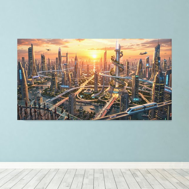 Toile Paysage urbain futuriste de l'heure dorée – Scienc (Insitu (Plancher de Bois))