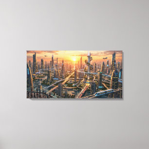Toile Paysage urbain futuriste de l'heure dorée – Scienc