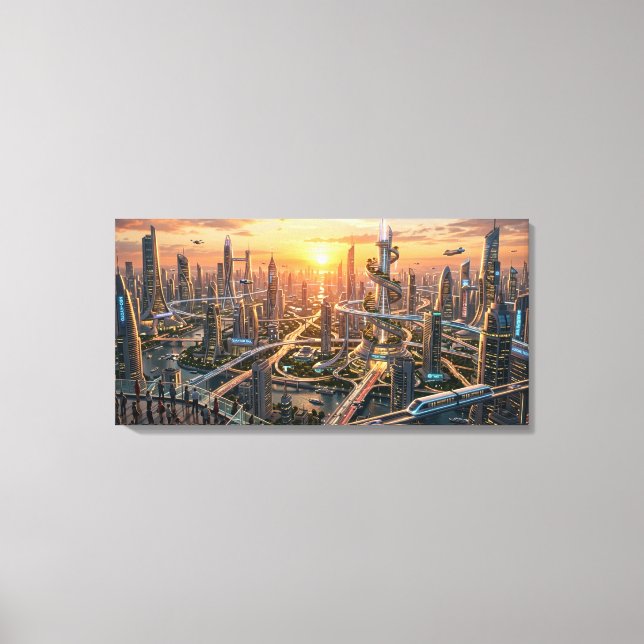 Toile Paysage urbain futuriste de l'heure dorée – Scienc (Recto)