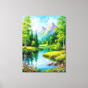 Toile Paysage Vivant Avec Montagnes, Scène de Rivière