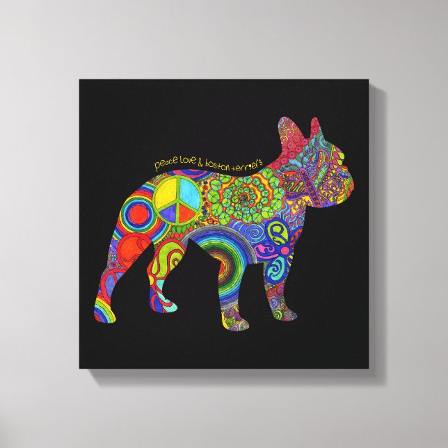 Toile "Peace Love & Boston Terriers" Pop Art Canvas (Recto)