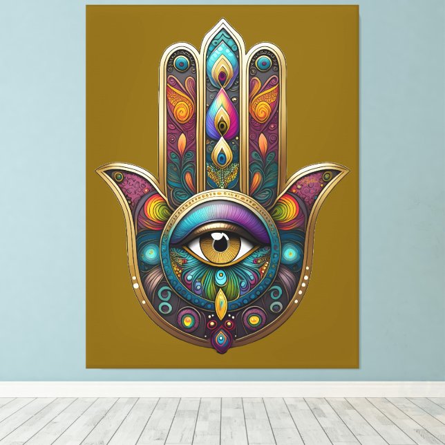 Toile Peacock Colors Hamsa w/ Gold Third Eye (Insitu (Plancher de Bois))