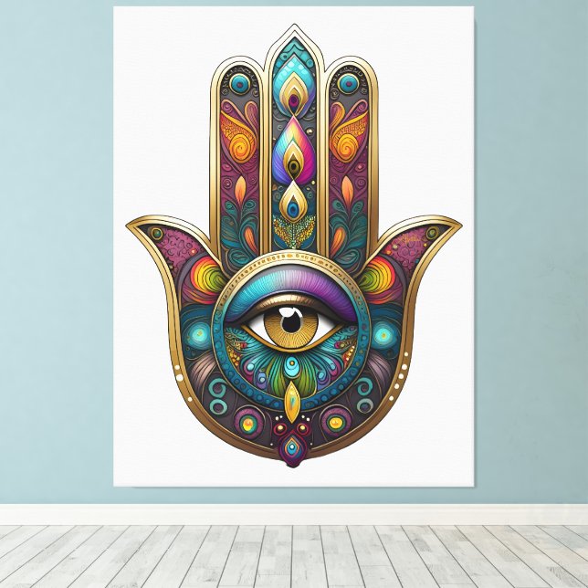 Toile Peacock Colors Hamsa w/ Gold Third Eye (Insitu (Plancher de Bois))