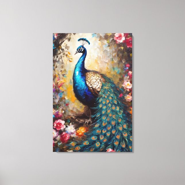 Toile Peacock décoration art avec de belles fleurs (Recto)