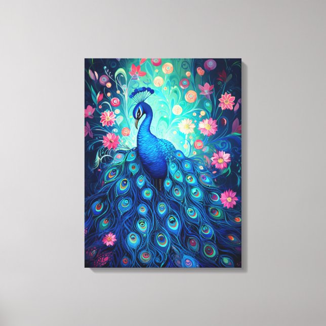 Toile Peacock - Plumes d'Aqua Vert Bleu & Fleurs Roses (Recto)