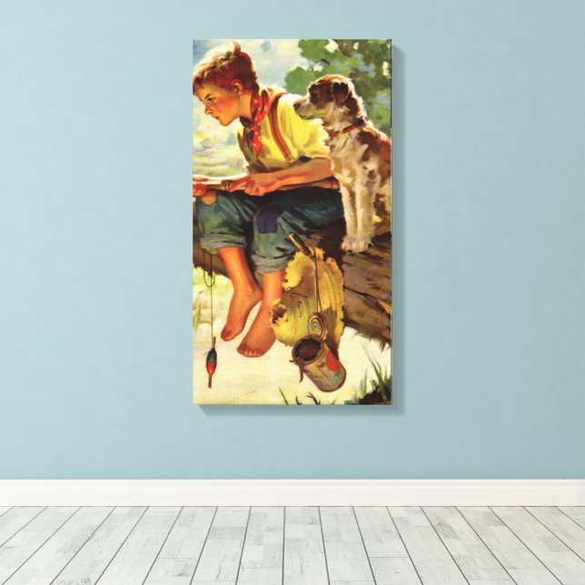 Toile Pêche à l'ancienne, garçon avec son chiot et ses v (Insitu (Plancher de Bois))