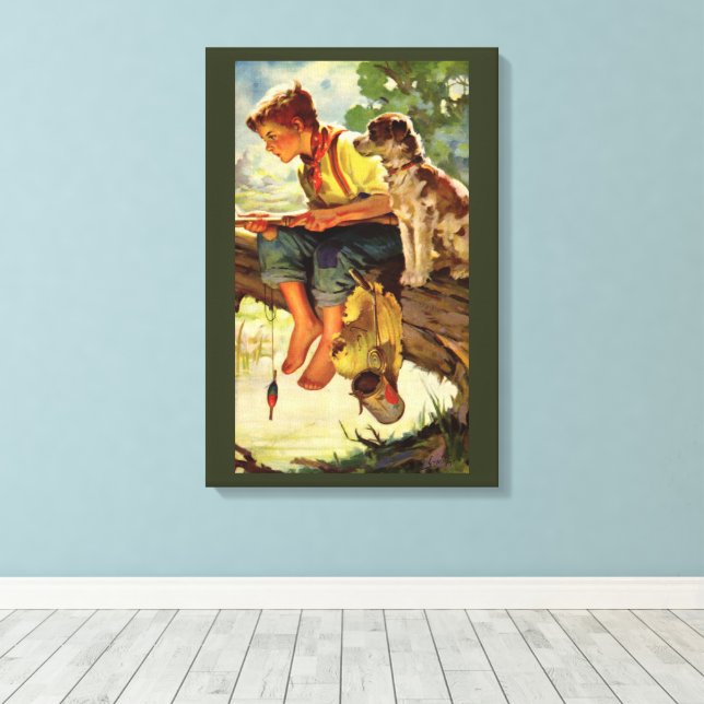 Toile Pêche à l'ancienne, garçon avec son chiot et ses v (Insitu (Plancher de Bois))