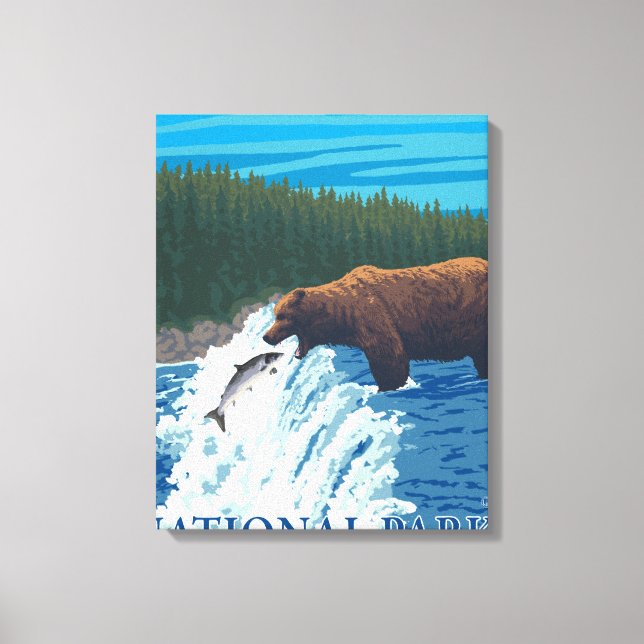 Toile Pêche à l'ours dans la rivière - Parc national de  (Recto)