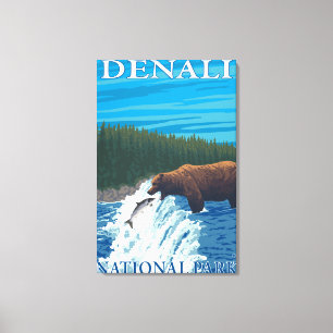 Toile Pêche d'ours en rivière - parc national de Denal