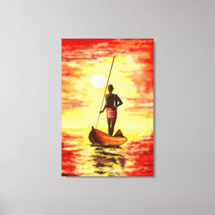 Toile Pêcheur sur le bateau au coucher du soleil Impress