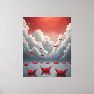 Toile peindre des bateaux en papier rouge flottant dans