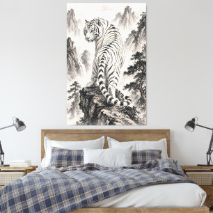 Toile Peinture à l'encre du Tigre Blanc sur une falaise