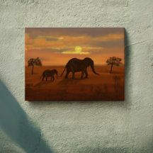 Peinture à l'huile d'éléphant couché de soleil - M