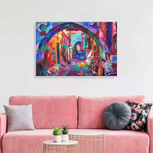 Toile Peinture à l'huile vibrante de la médina marocaine