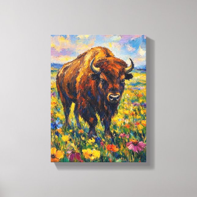 Toile Peinture abstraite de buffles dans un champ de fle (Recto)