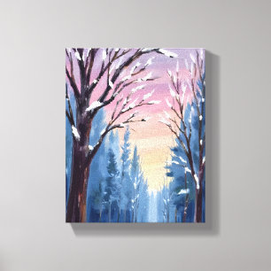 Toile Peinture aquarelle de la forêt hivernale sous la n