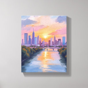 Toile Peinture aquarelle de paysage urbain au coucher du