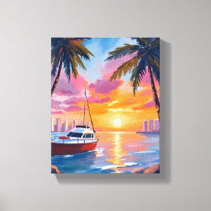 Toile Peinture aquarelle du coucher de soleil sur la bai