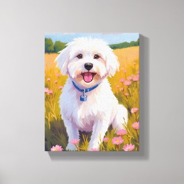 Toile Peinture de champ de fleurs de chien maltais (Recto)