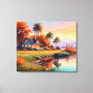 Toile Peinture de coucher de soleil nature avec lac, Cot