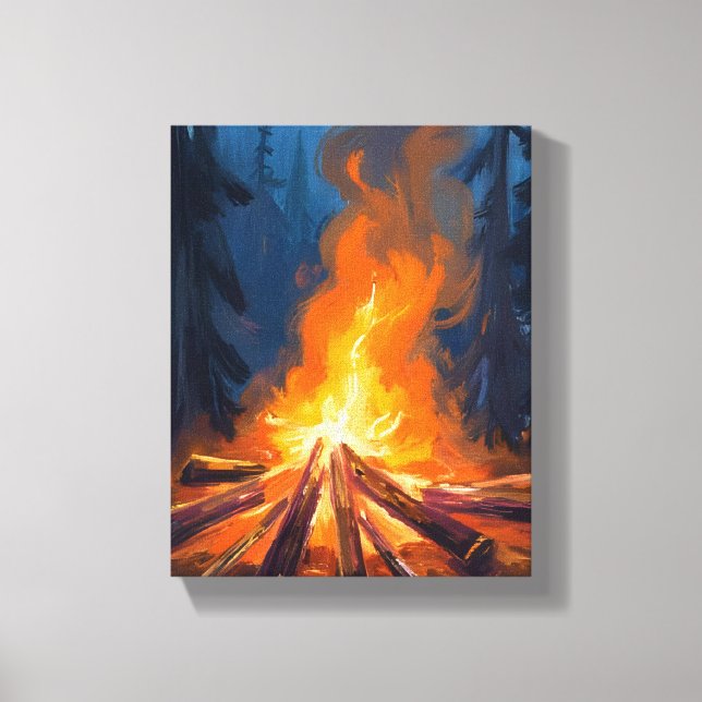 Toile Peinture de forêt aquarelle au feu de camp (Recto)