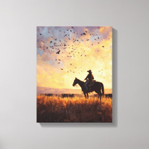 Toile Peinture de la silhouette d'une chevauchée de cow-