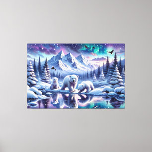 Toile Peinture de scène enneigée de famille d'ours polai