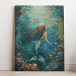 Toile Peinture de sirène<br><div class="desc">Un tableau de sirène mignonne et magique présente une mignonne sirène nageant sous l'eau avec du mignon poisson orange. Art original de Nicole.</div>