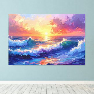 Toile Peinture de vagues au coucher du soleil lever du s
